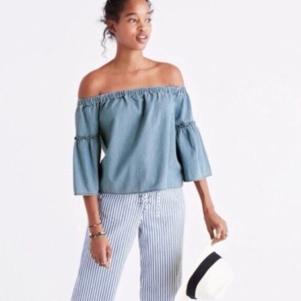 Madewell chambray off the shoulder denim-like crop top bell sleeve boho gipsy XS
